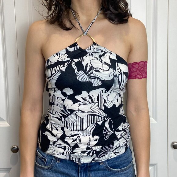 Banana Republic Y2K halter top - stretch black & white floral, tie back - Picture 8 of 8